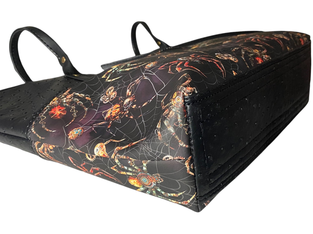 Custom Printed Vinyl & Faux Ostrich Leather Tote, Spider Theme 17w x 12h x 4.5d