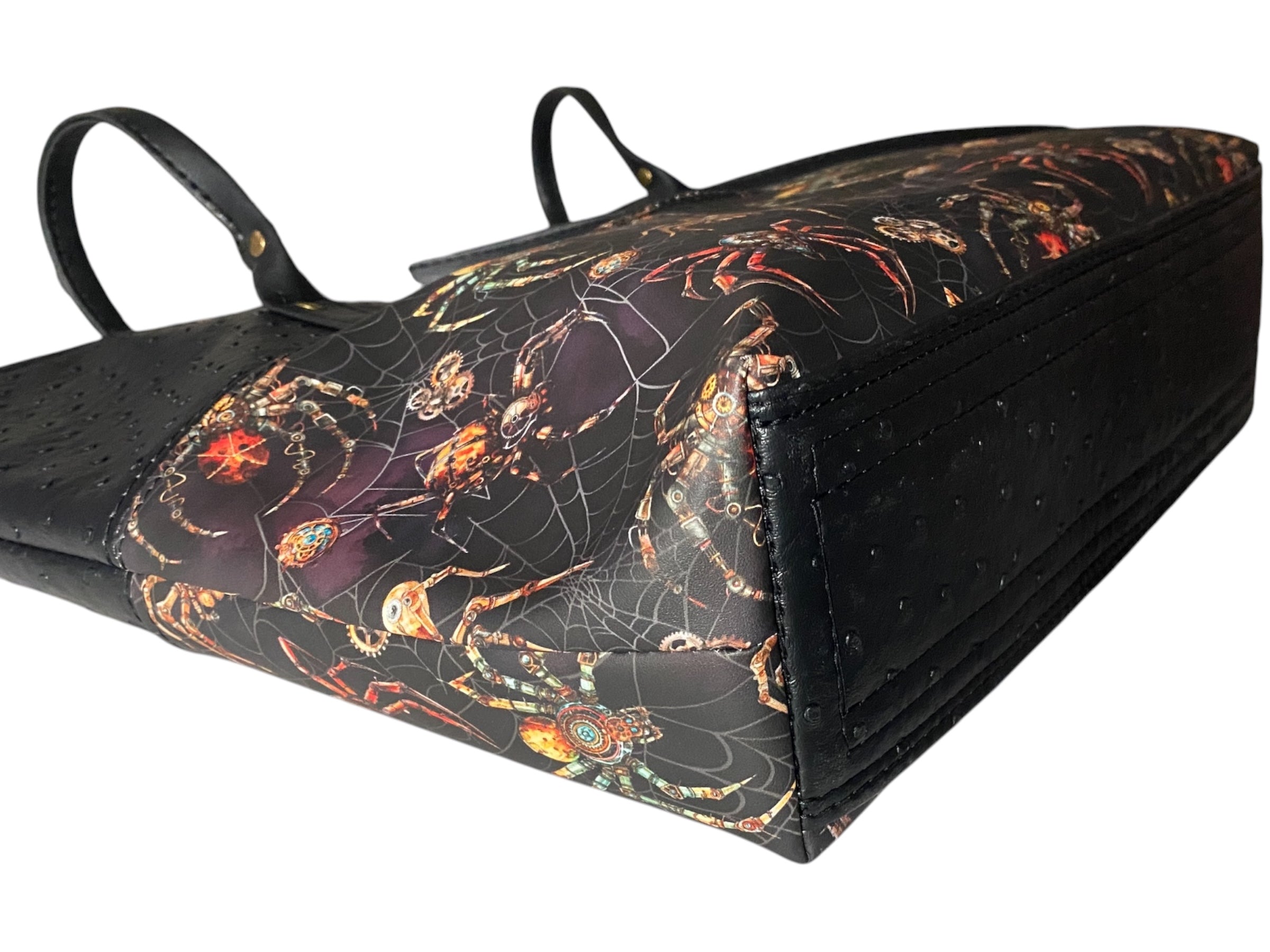 Custom Printed Vinyl & Faux Ostrich Leather Tote, Spider Theme 17w x 12h x 4.5d