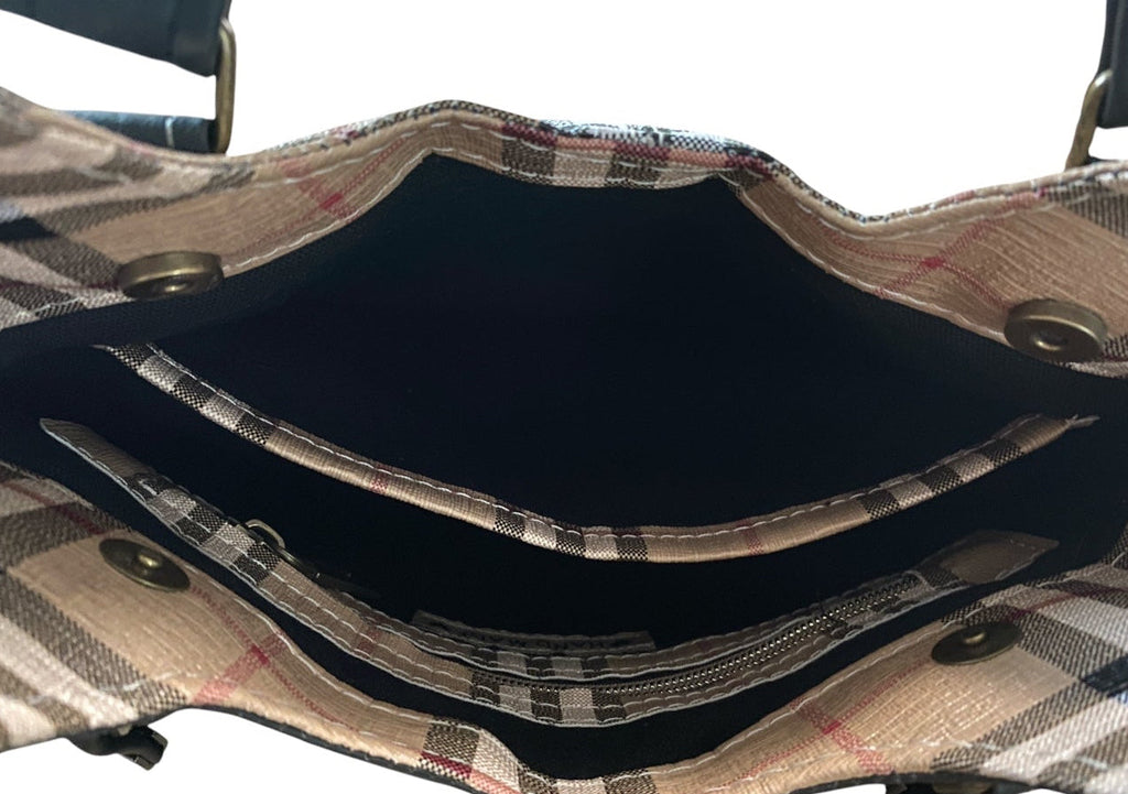 Plaid Vinyl & Black Faux Leather Handled/Shoulder Strap Bag    11w x 10h x 3d