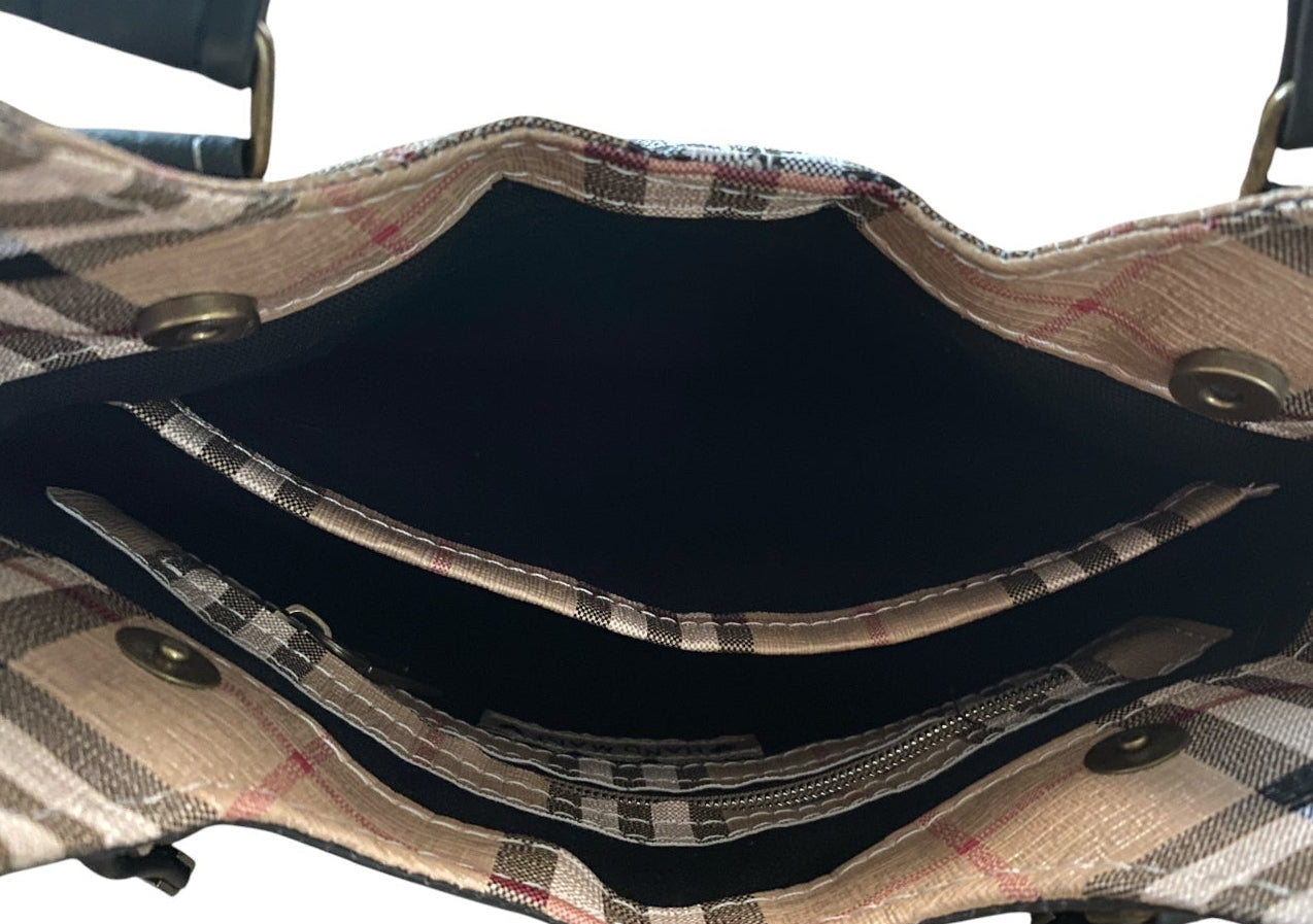 Plaid Vinyl & Black Faux Leather Handled/Shoulder Strap Bag    11w x 10h x 3d
