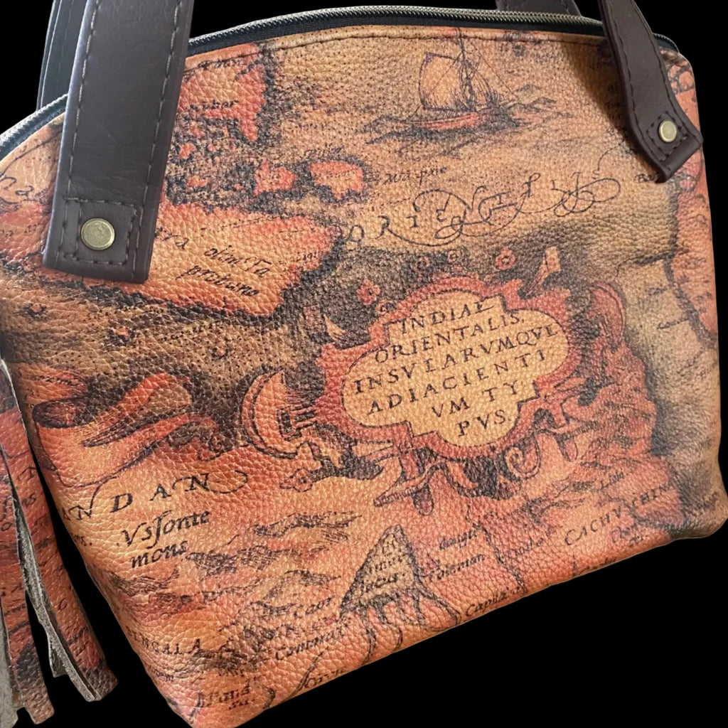 Leather domed handbag, Medieval map theme, inside pocket