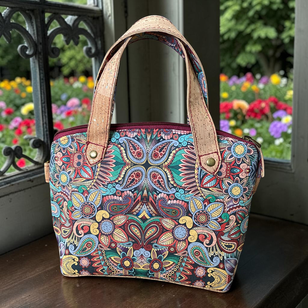 Cork Top Handle Handbag with Detachable Shoulder/Crossbody Strap, Pockets 8x10x4