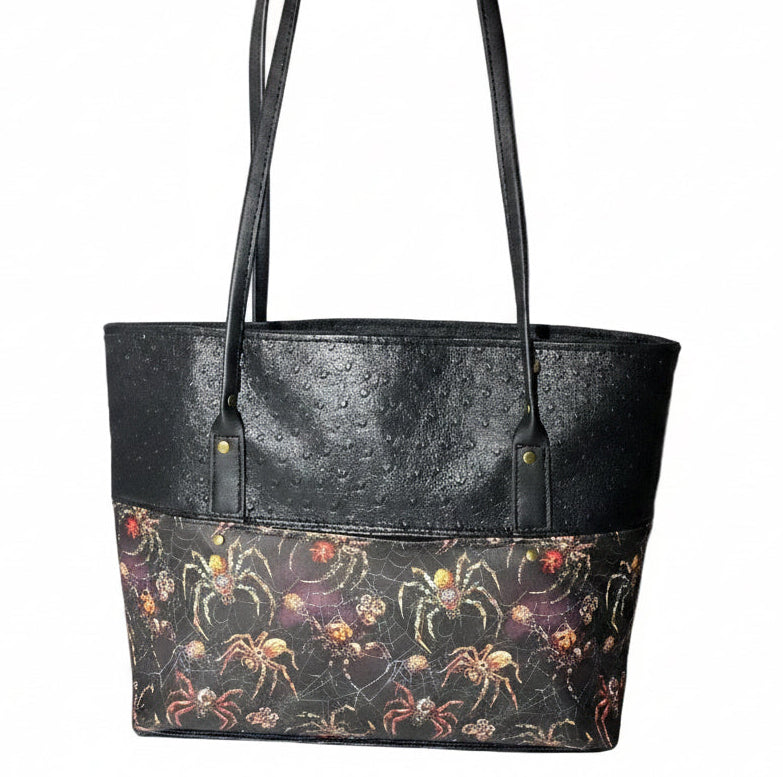 Custom Printed Vinyl & Faux Ostrich Leather Tote, Spider Theme 17w x 12h x 4.5d