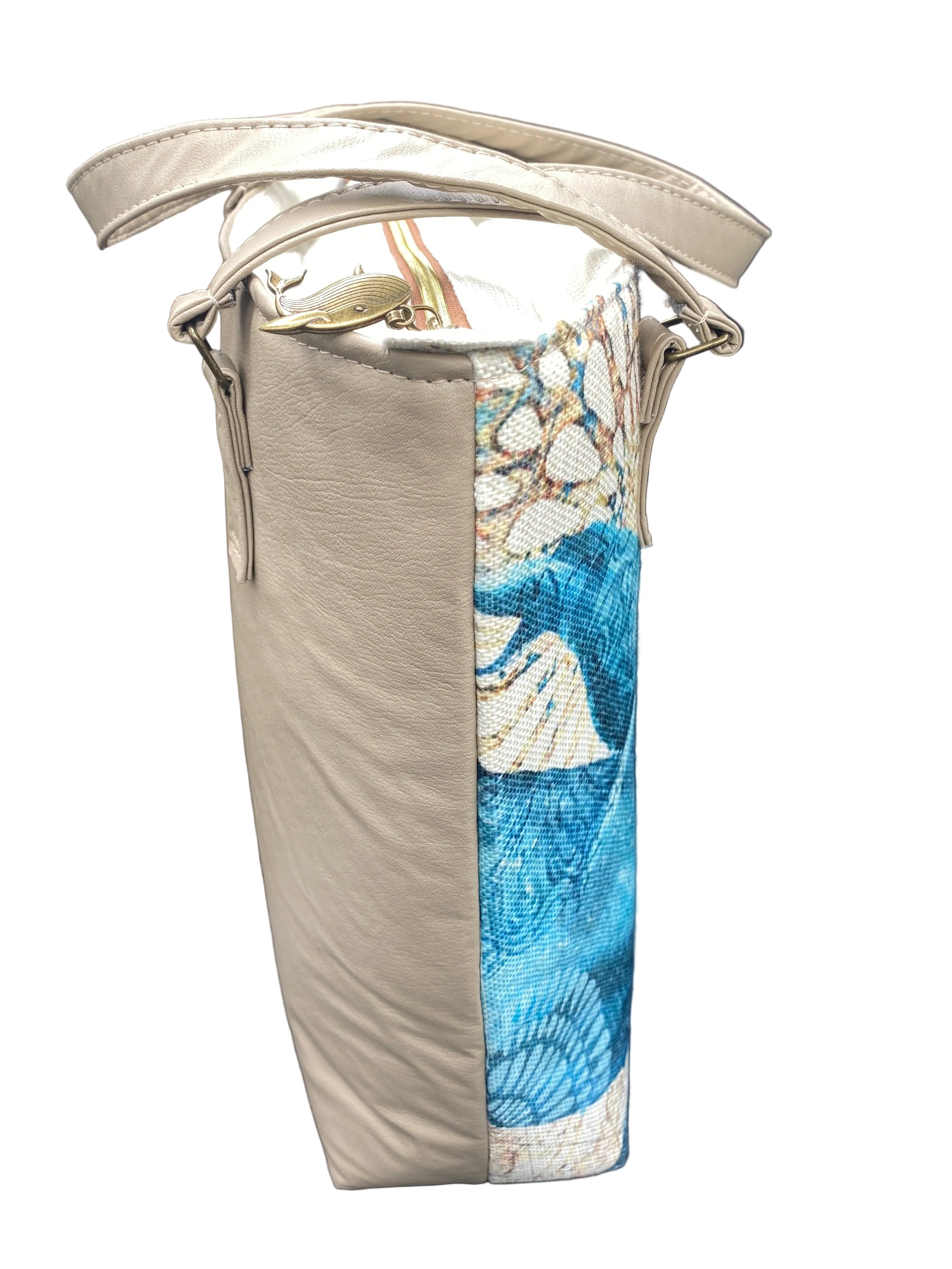 Whale Themed Canvas & Faux Leather Tote 15w x 14h x 5d