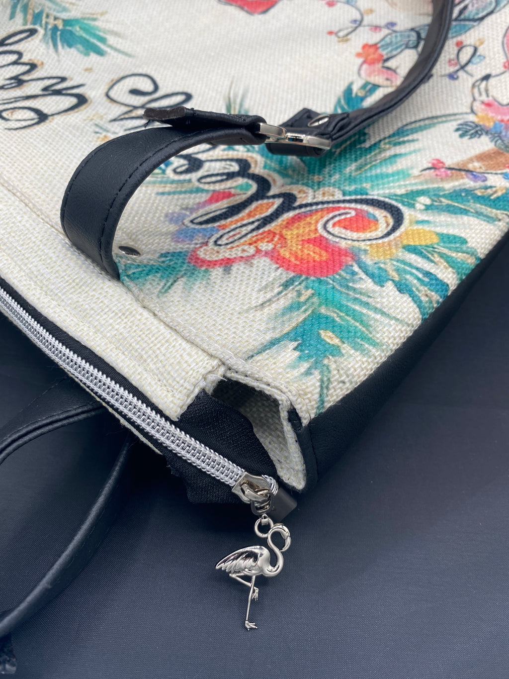 Flamingo Themed Canvas & Faux Leather Holiday Tote 15w x 14h x 5d