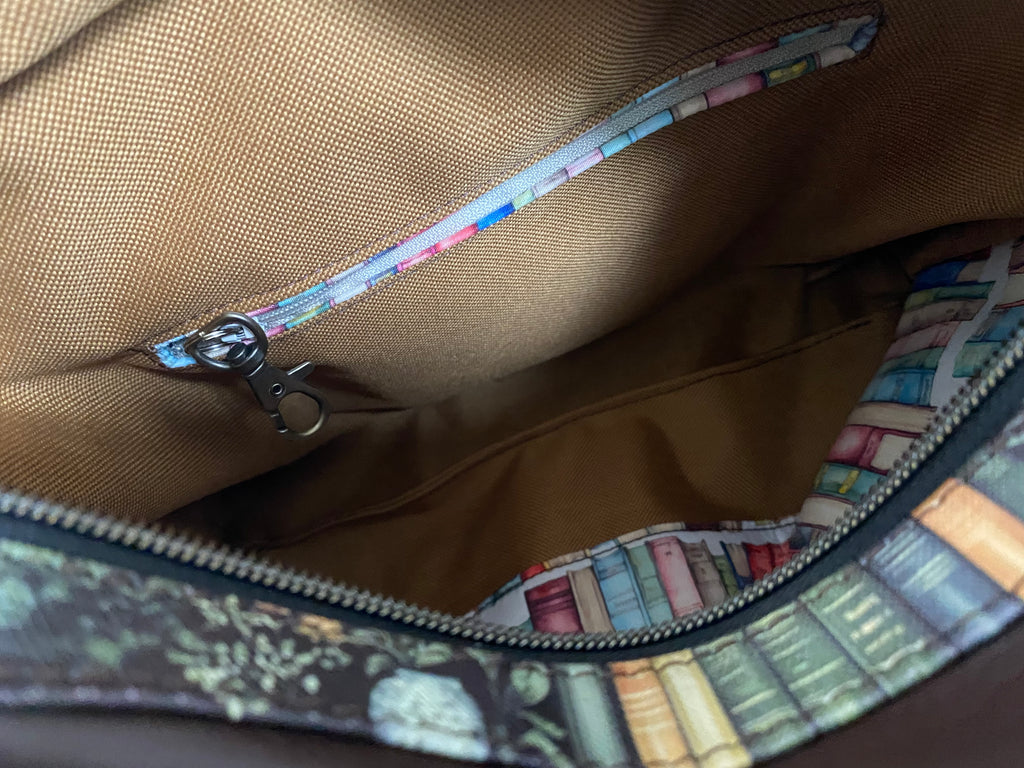 Vinyl Book & Plant Themed Shoulder/Crossbody Bag Multi Pockets 11x13x3.5