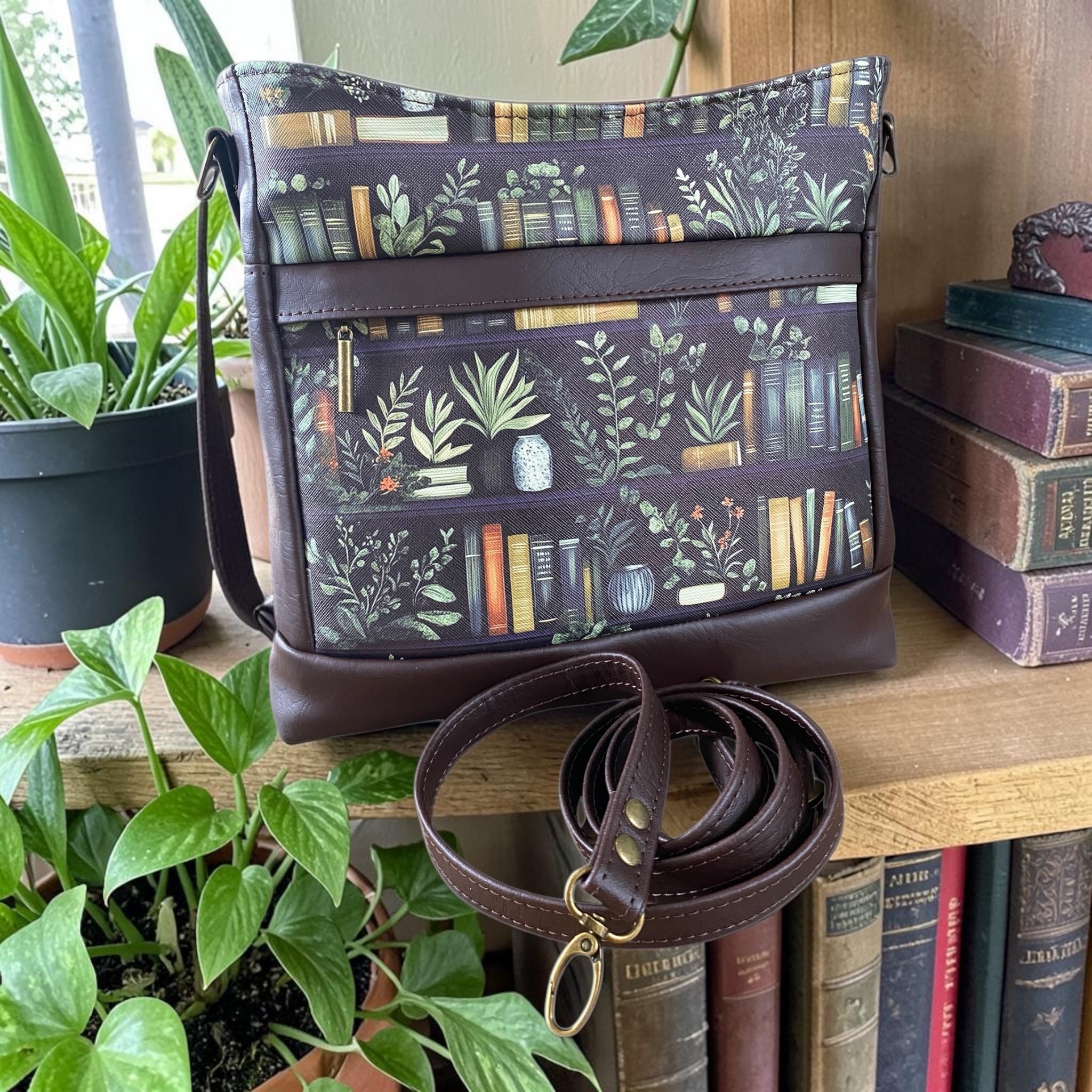 Vinyl Book & Plant Themed Shoulder/Crossbody Bag Multi Pockets 11x13x3.5