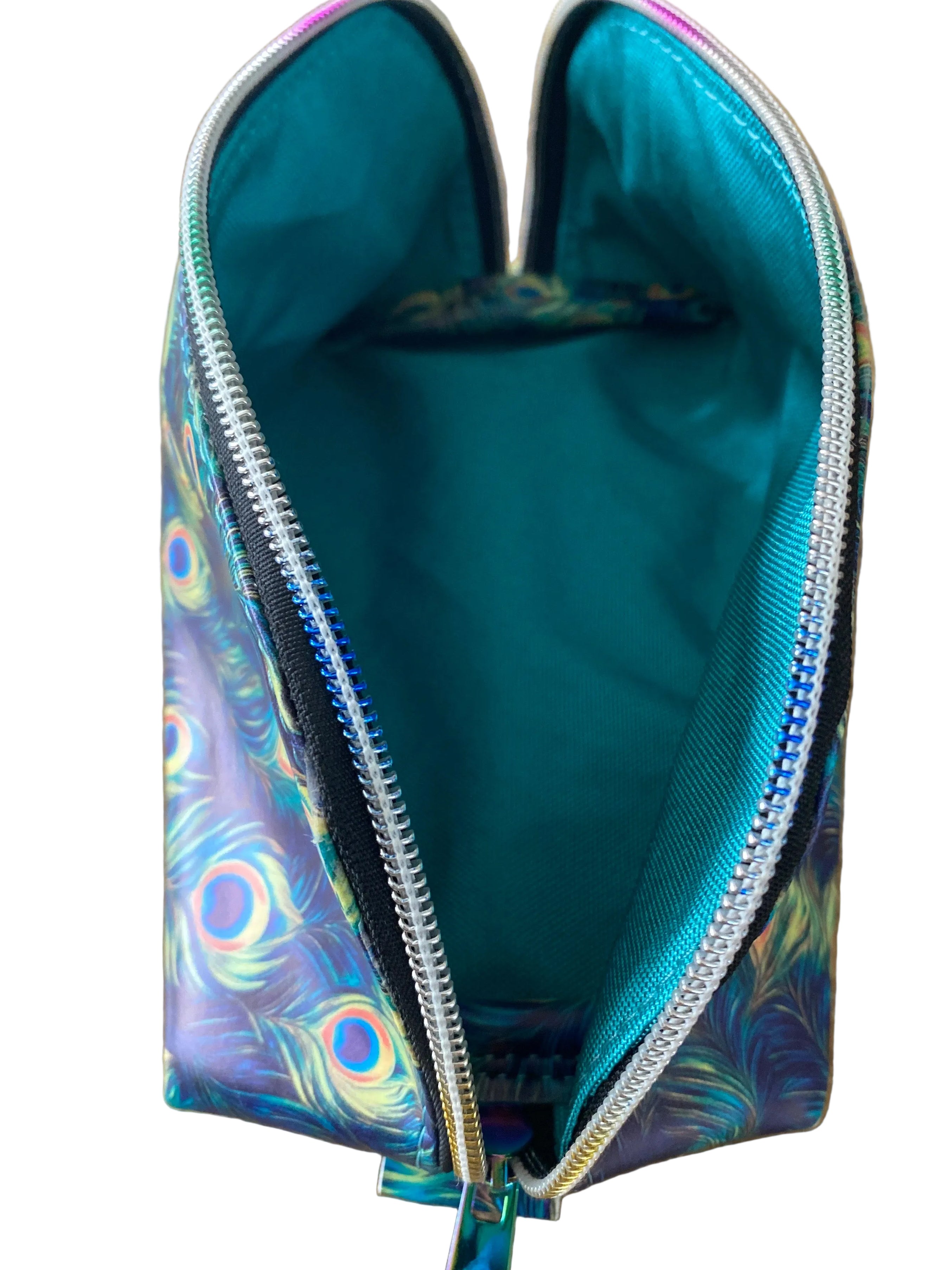 Wide Opening Vinyl Peacock Feather Cosmetic Bags