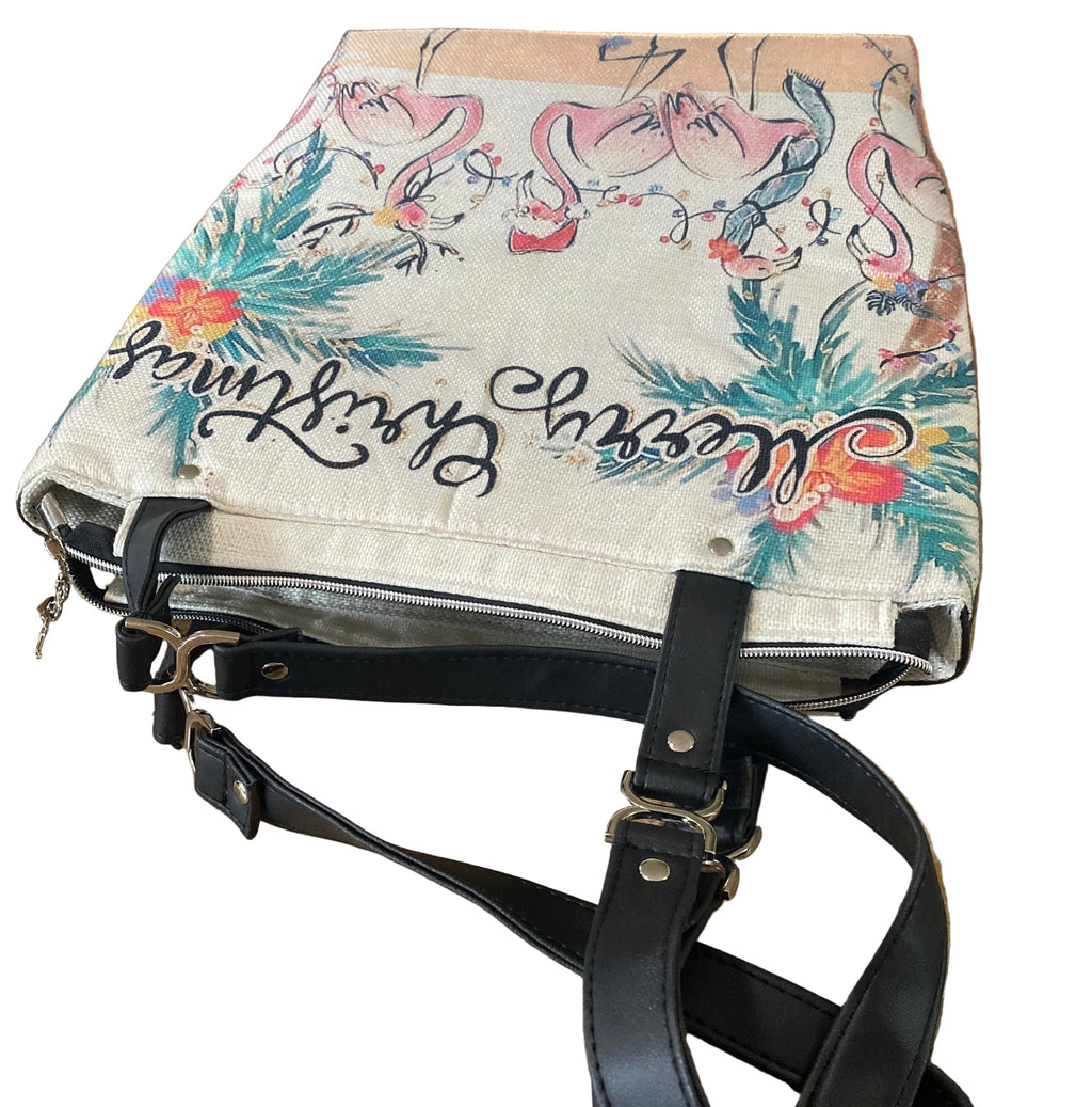 Flamingo Themed Canvas & Faux Leather Holiday Tote 15w x 14h x 5d