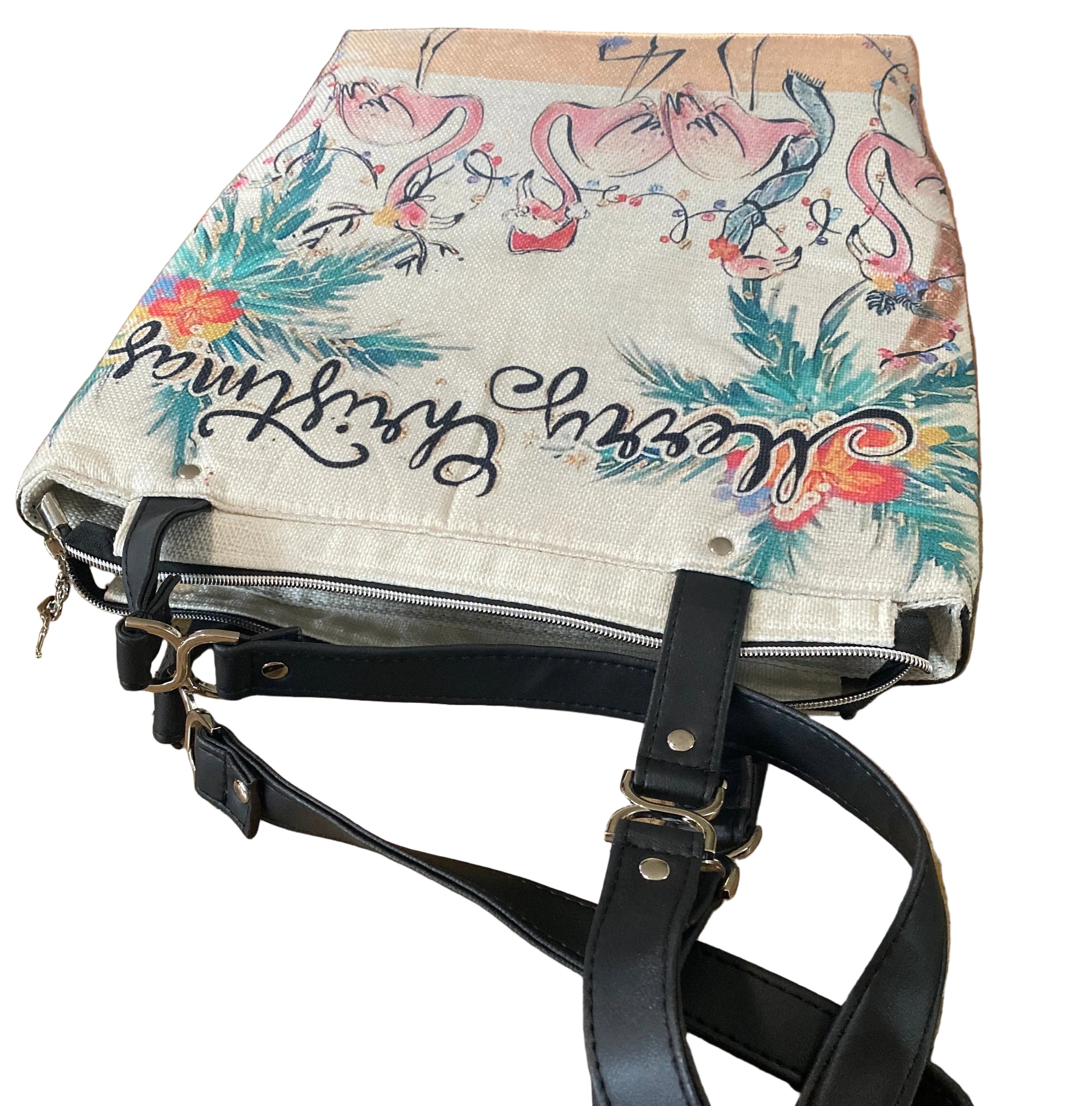 Flamingo Themed Canvas & Faux Leather Holiday Tote 15w x 14h x 5d