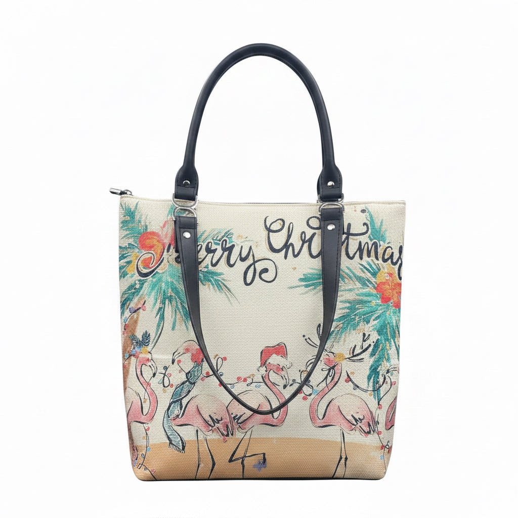 Flamingo Themed Canvas & Faux Leather Holiday Tote 15w x 14h x 5d