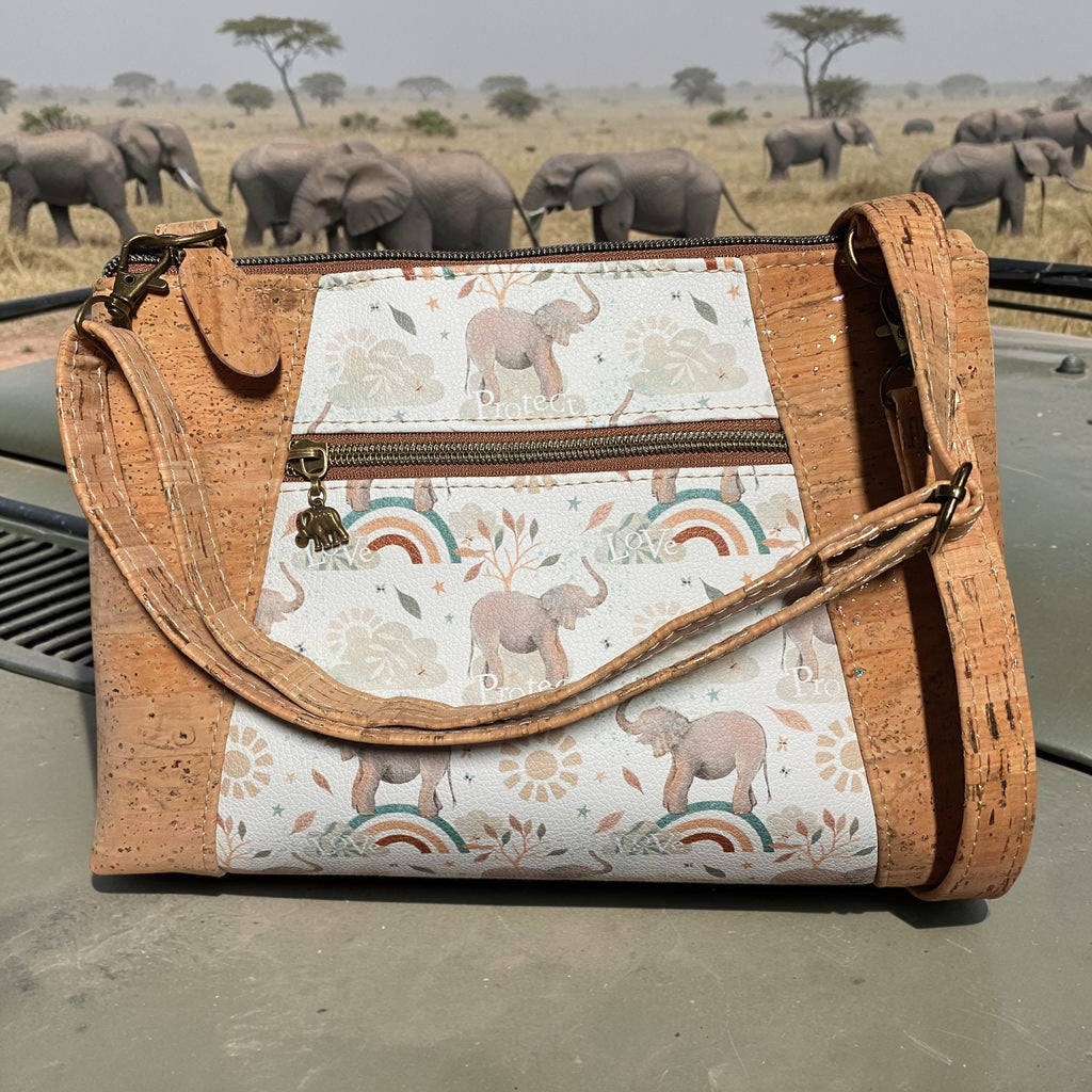 Cork & Vinyl Elephant  Crossbody/Shoulder Bag, 2 Pockets           10.5 x 8 x 3