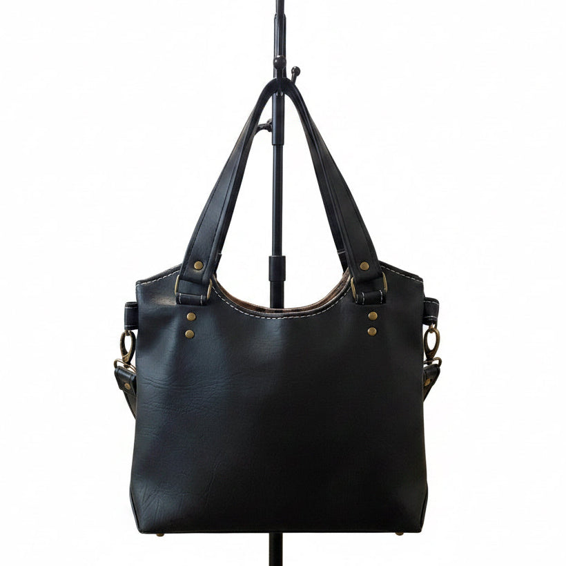Plaid Vinyl & Black Faux Leather Handled/Shoulder Strap Bag    11w x 10h x 3d