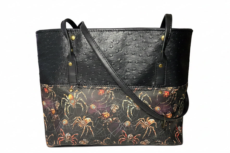 Custom Printed Vinyl & Faux Ostrich Leather Tote, Spider Theme 17w x 12h x 4.5d