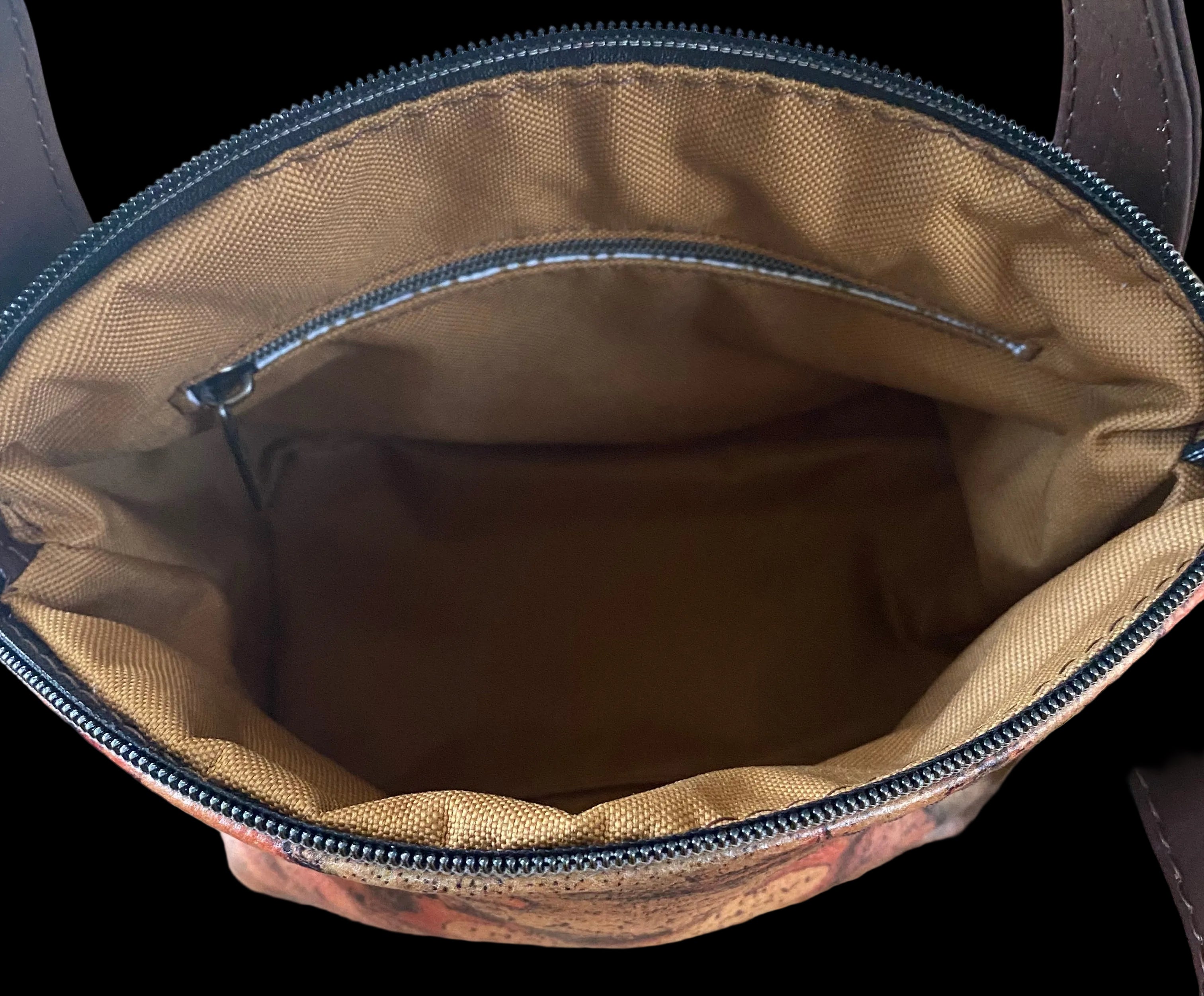 Leather domed handbag, Medieval map theme, inside pocket