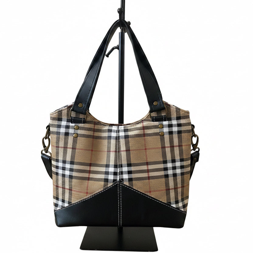 Plaid Vinyl & Black Faux Leather Handled/Shoulder Strap Bag    11w x 10h x 3d