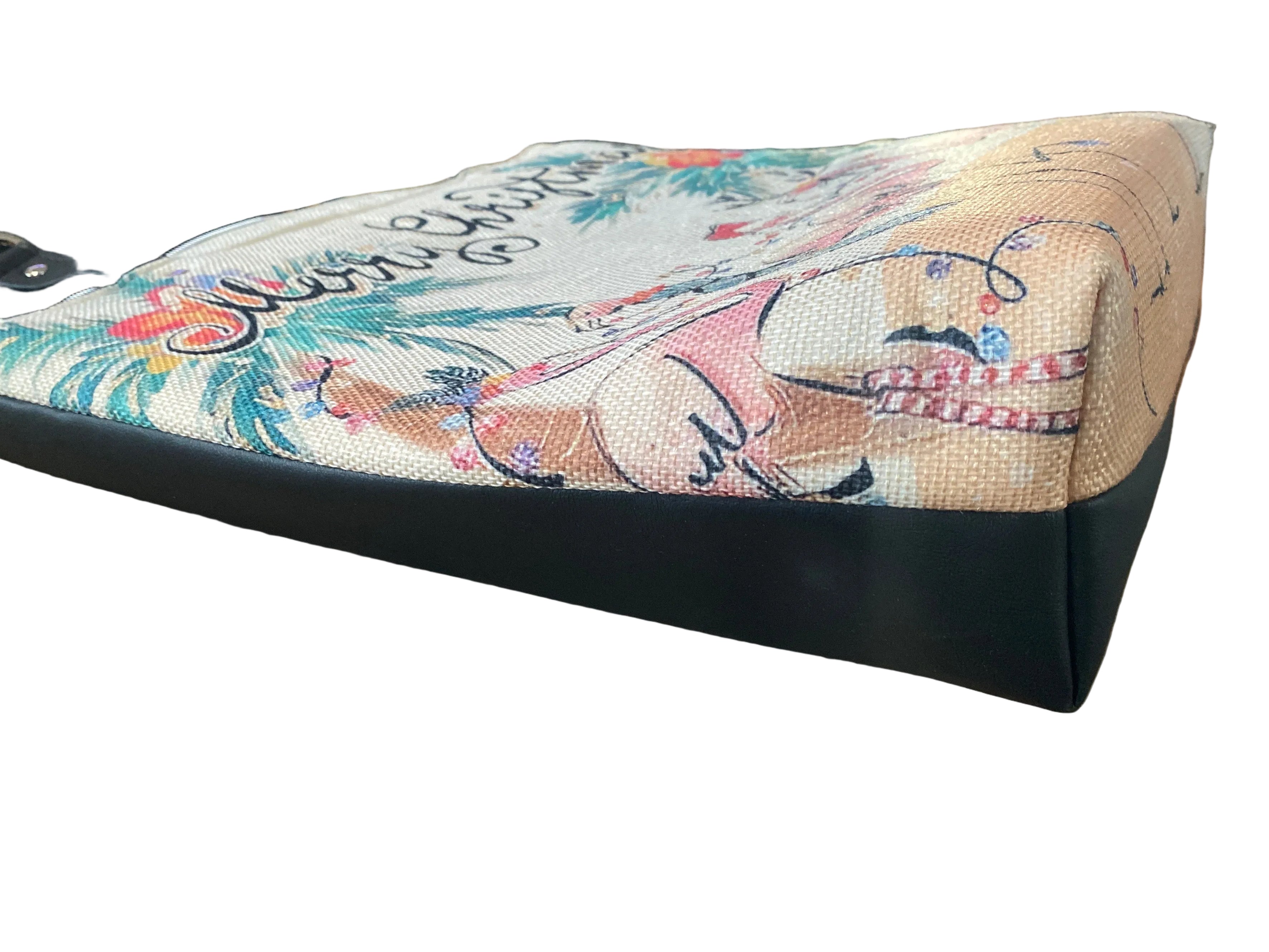 Flamingo Themed Canvas & Faux Leather Holiday Tote 15w x 14h x 5d