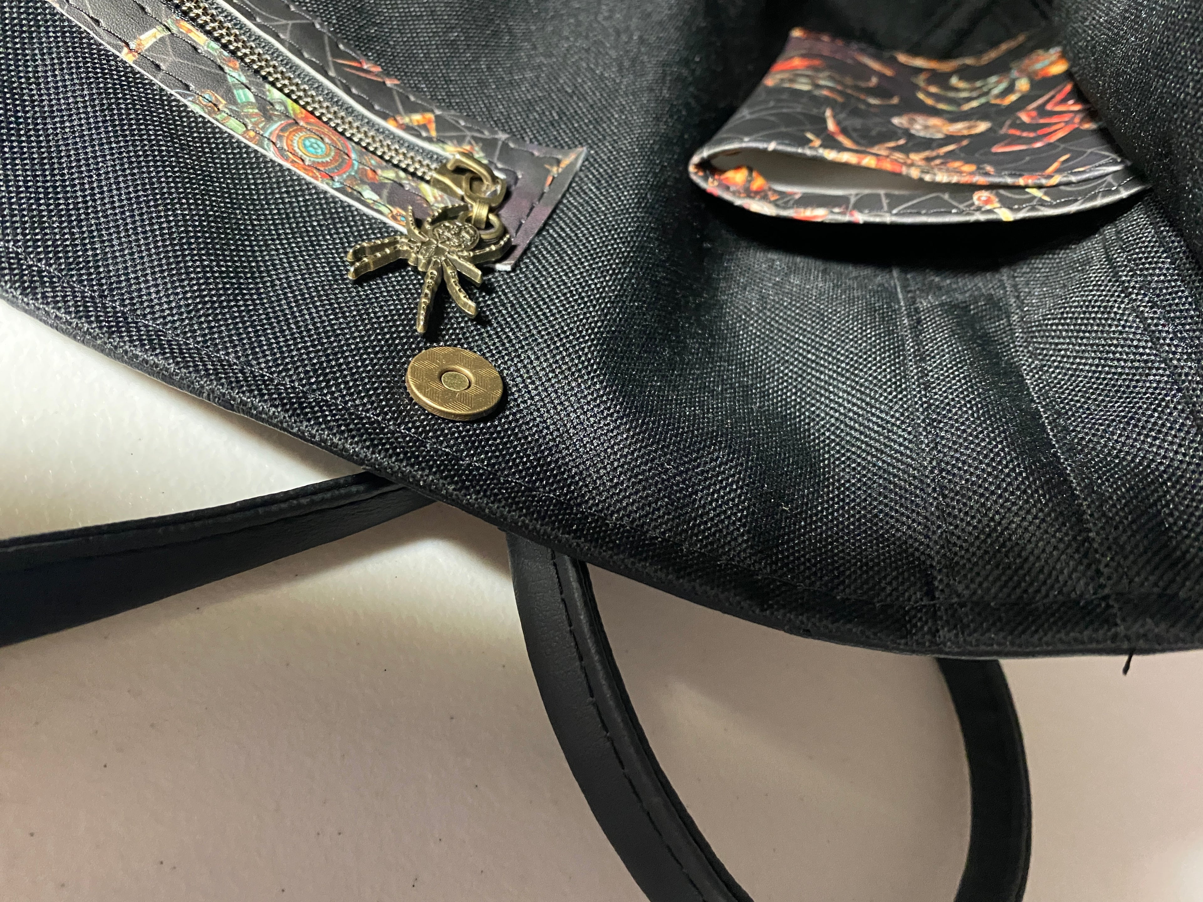 Custom Printed Vinyl & Faux Ostrich Leather Tote, Spider Theme 17w x 12h x 4.5d