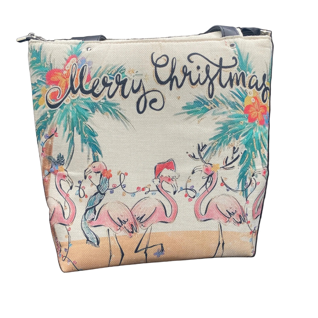 Flamingo Themed Canvas & Faux Leather Holiday Tote 15w x 14h x 5d