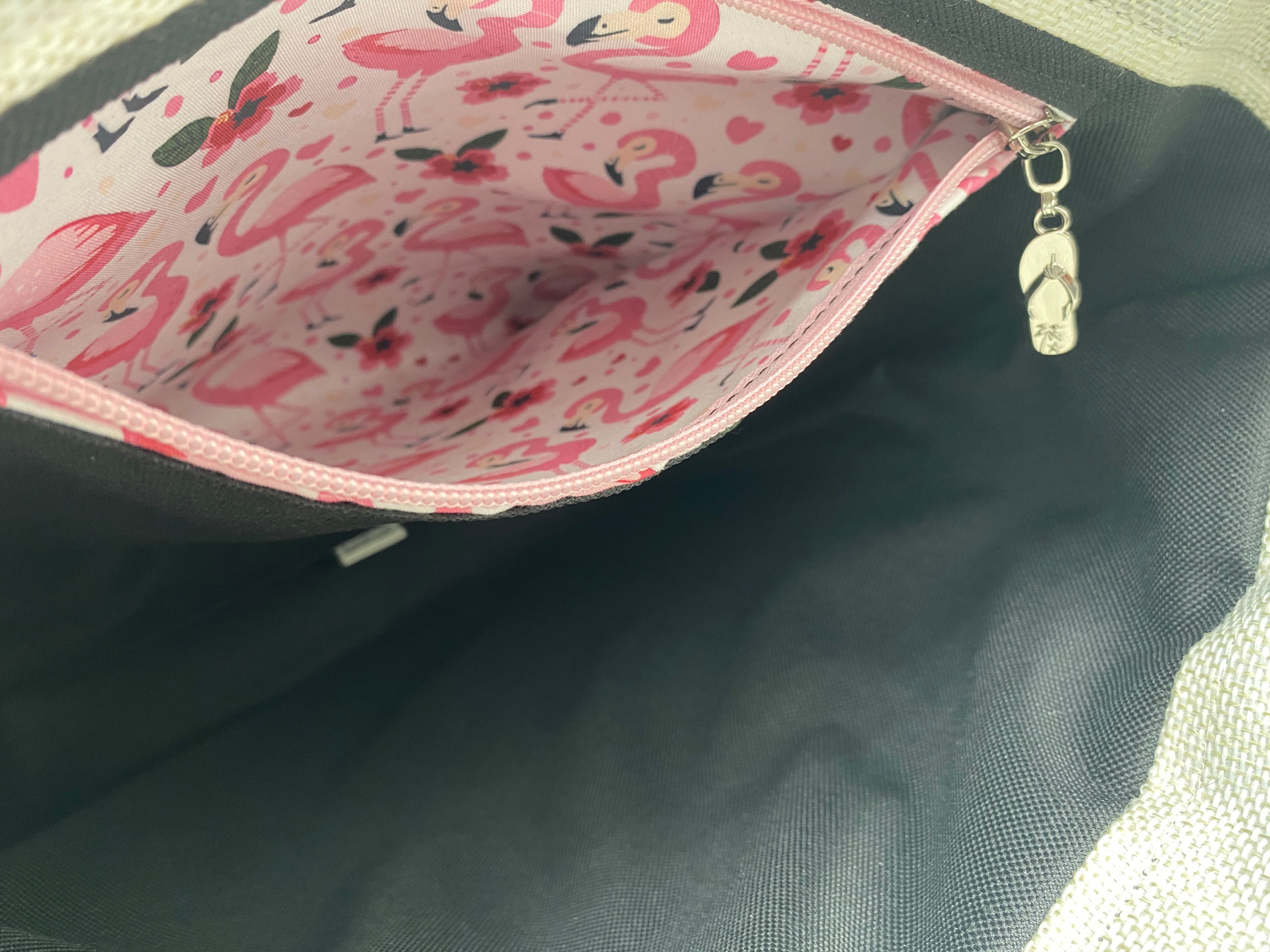Flamingo Themed Canvas & Faux Leather Holiday Tote 15w x 14h x 5d