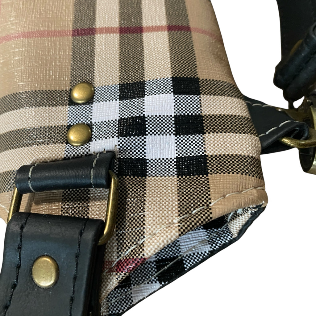 Plaid Vinyl & Black Faux Leather Handled/Shoulder Strap Bag    11w x 10h x 3d