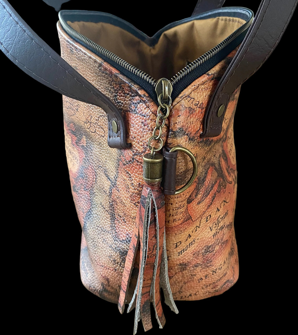 Leather domed handbag, Medieval map theme, inside pocket