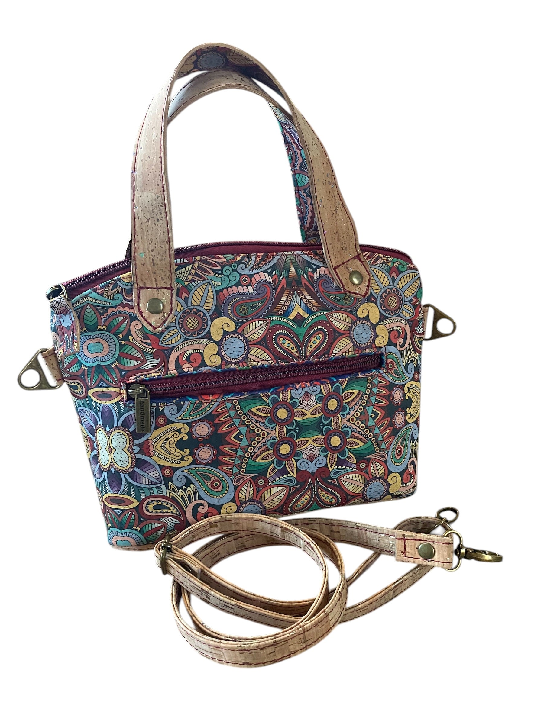 Cork Top Handle Handbag with Detachable Shoulder/Crossbody Strap, Pockets 8x10x4