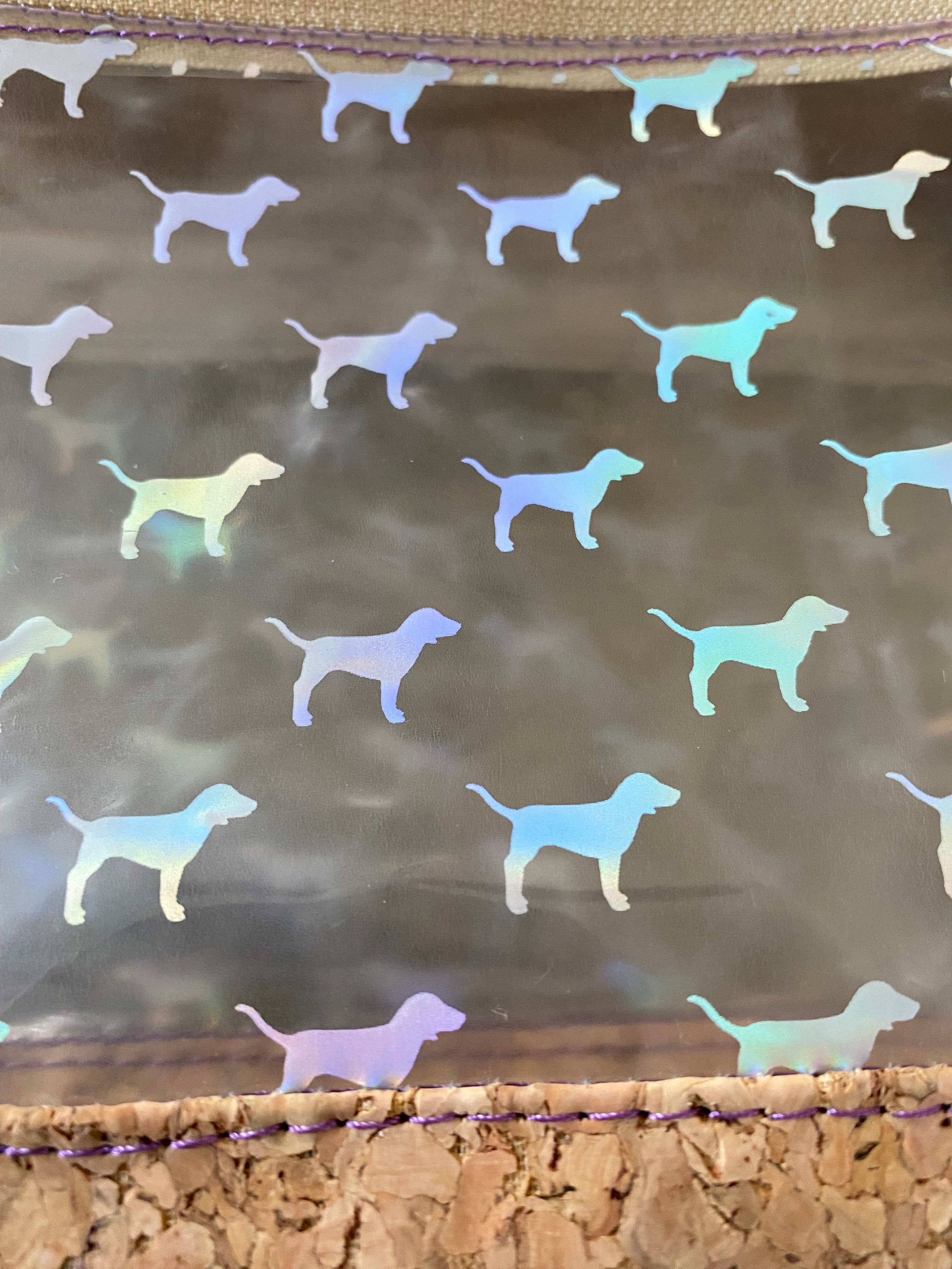 Holographic Dog Clear Vinyl & Cork Dual Compartment Crossbody/Handle Bag