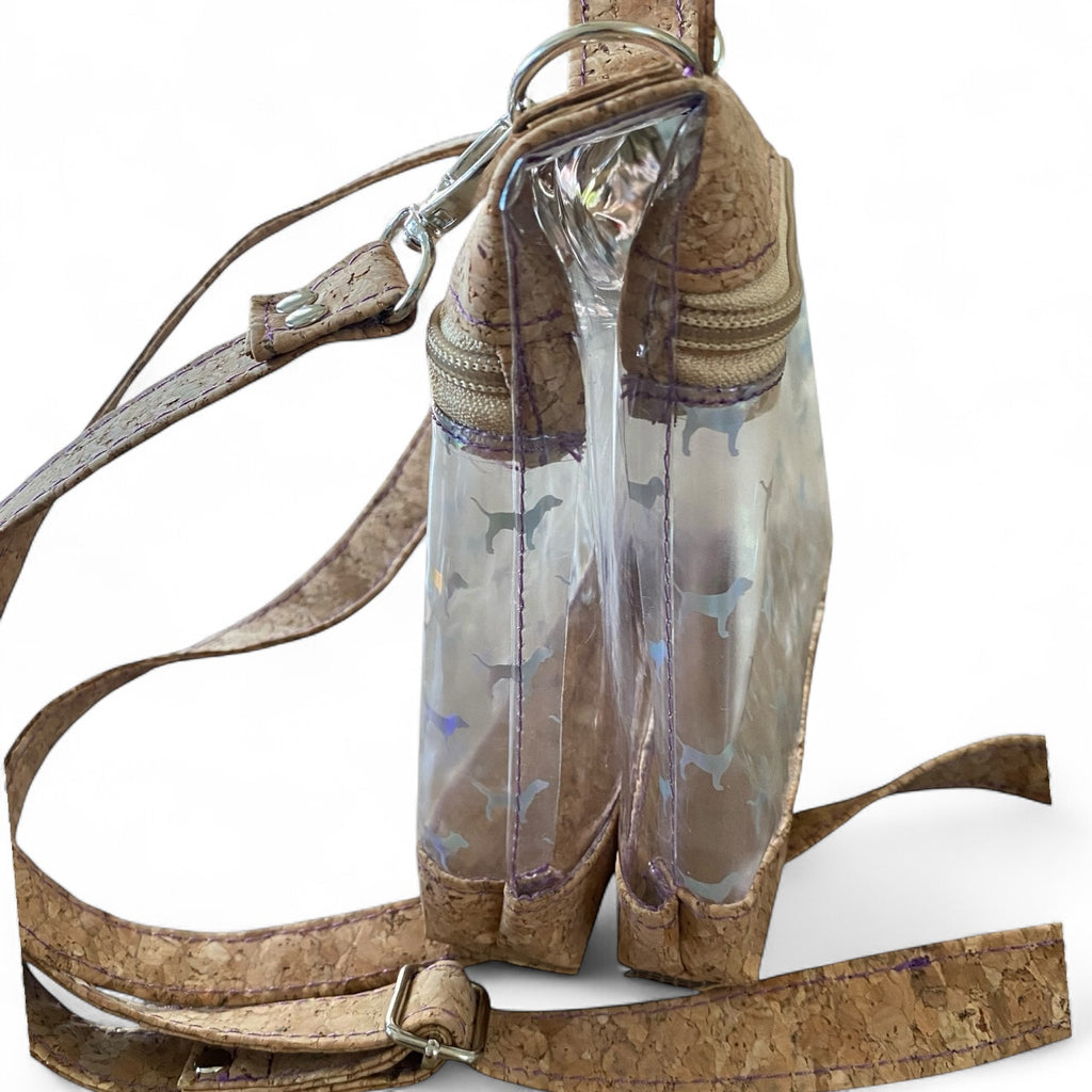 Holographic Dog Clear Vinyl & Cork Dual Compartment Crossbody/Handle Bag