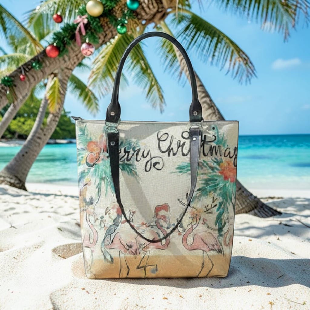 Flamingo Themed Canvas & Faux Leather Holiday Tote 15w x 14h x 5d