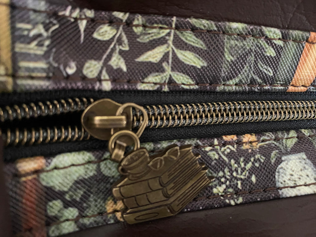 Vinyl Book & Plant Themed Shoulder/Crossbody Bag Multi Pockets 11x13x3.5