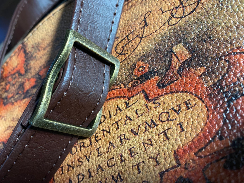 Leather domed handbag, Medieval map theme, inside pocket