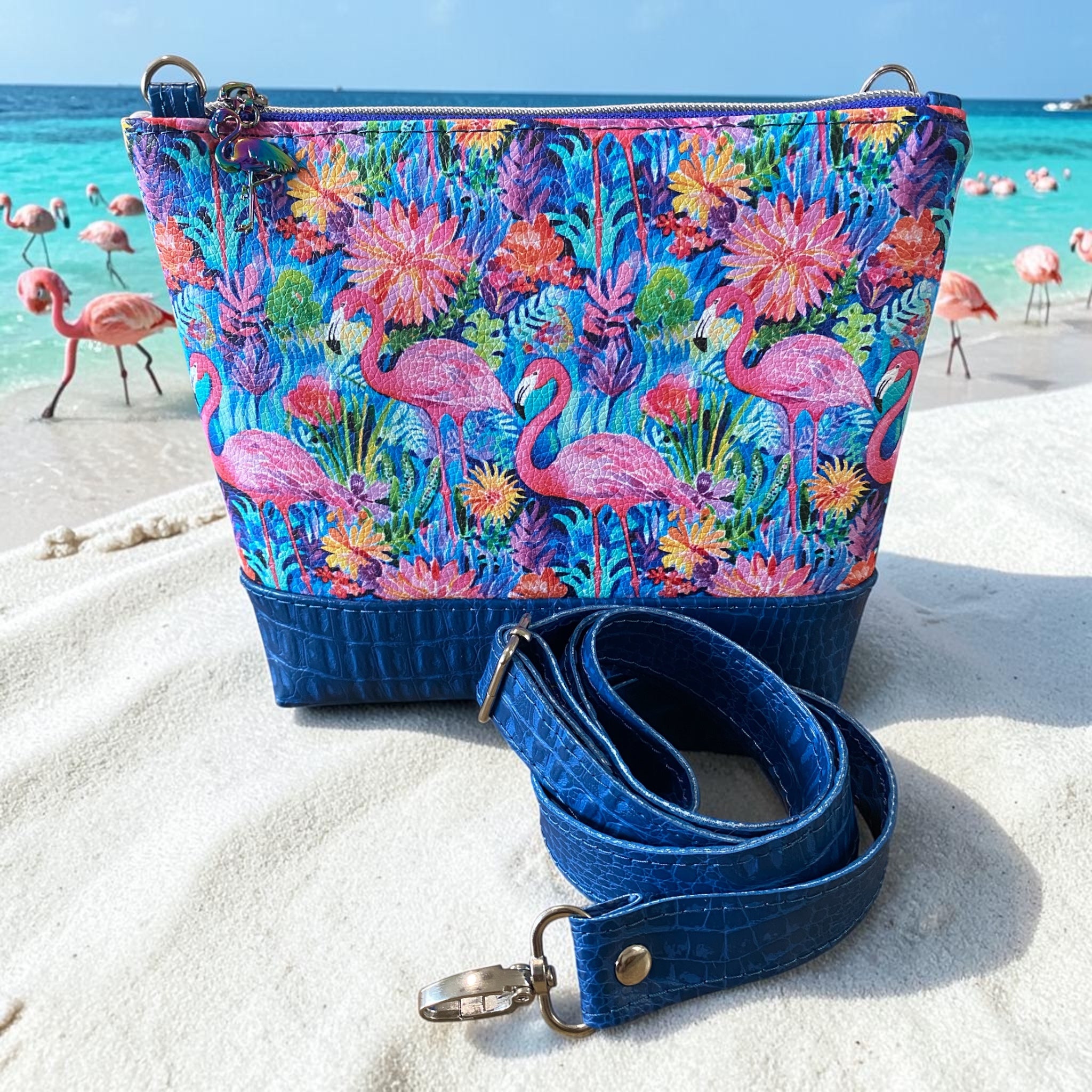 Essentials Small vinyl & Faux Croc Crossbody Bag, Zip Pocket, Flamingos