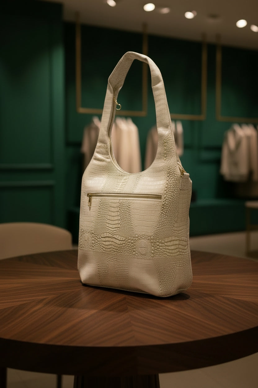 Oversized vinyl Hobo bag, pockets, 24” top zipper 17w x 33h gold & cream