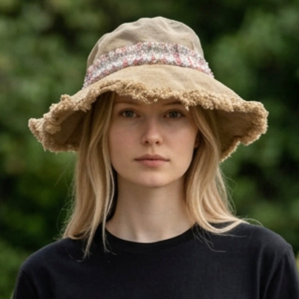 Frayed Canvas Women’s Bucket/Sun Hat with Center Ribbon. 2 colors