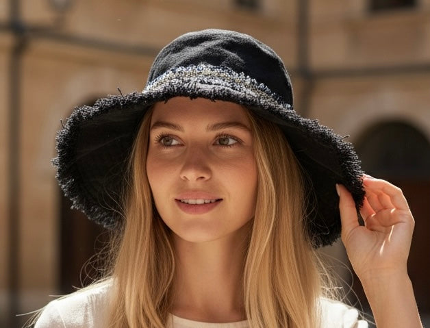 Frayed Canvas Women’s Bucket/Sun Hat with Center Ribbon. 2 colors