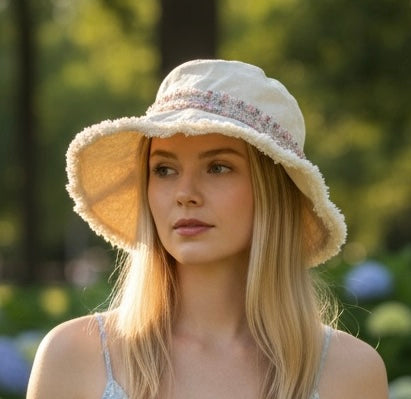 Frayed Canvas Women’s Bucket/Sun Hat with Center Ribbon. 2 colors