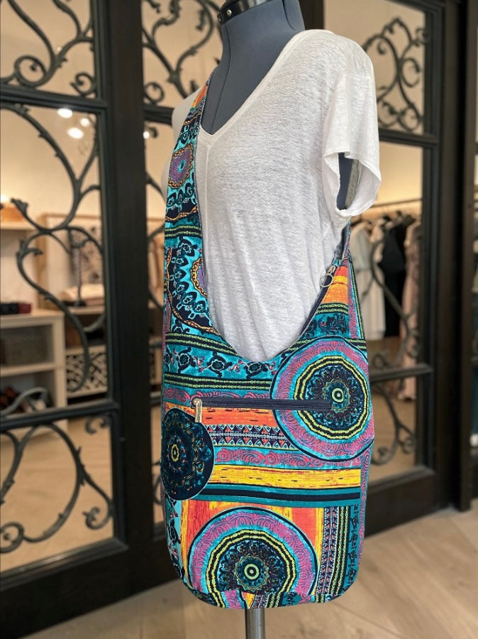 Boho Vivid Cotton Canvas Hobo bag, multiple pockets, top zip, extra long strap,   14 x 33