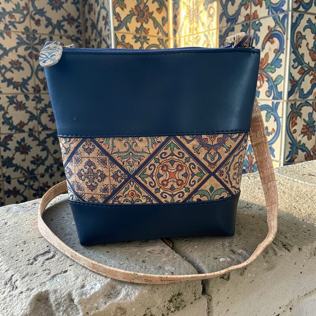 Cork & Faux Lambskin Crossbody/Shoulder Bag, 2 Zip Pockets, 10w x 10h