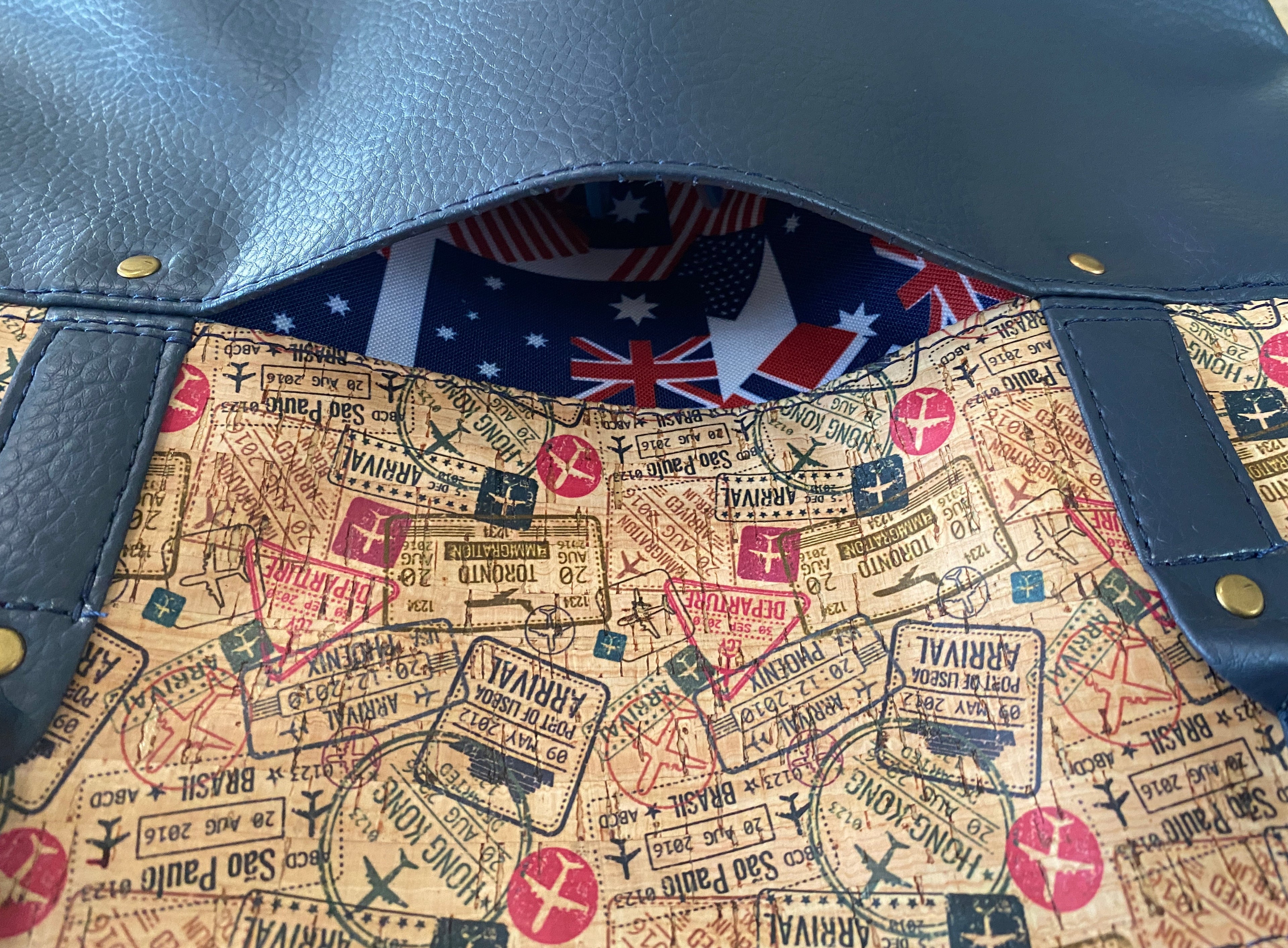 Cork & Faux Leather Travel Themed Tote 17w x 12h x 4.5d