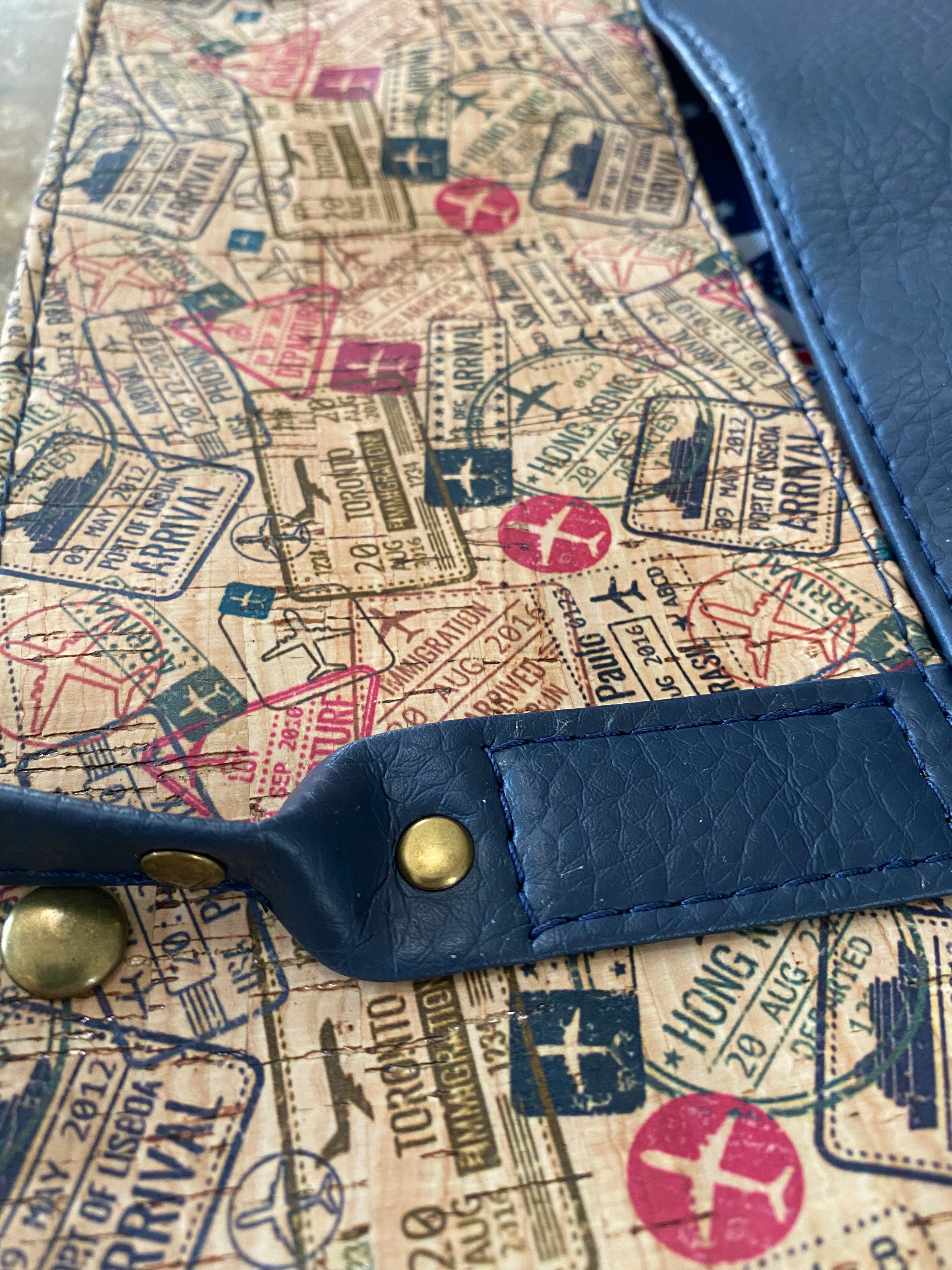 Cork & Faux Leather Travel Themed Tote 17w x 12h x 4.5d