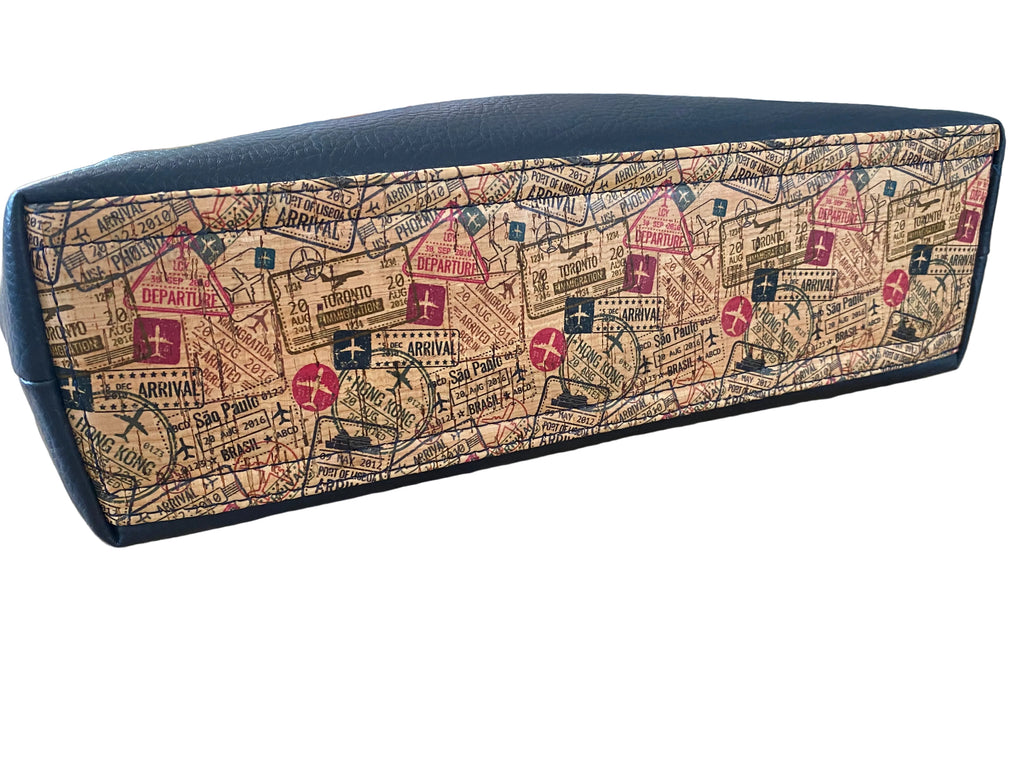Cork & Faux Leather Travel Themed Tote 17w x 12h x 4.5d