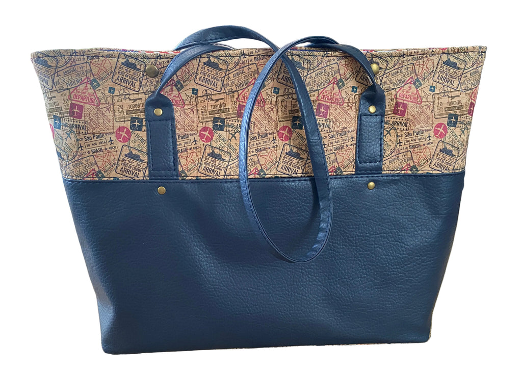 Cork & Faux Leather Travel Themed Tote 17w x 12h x 4.5d