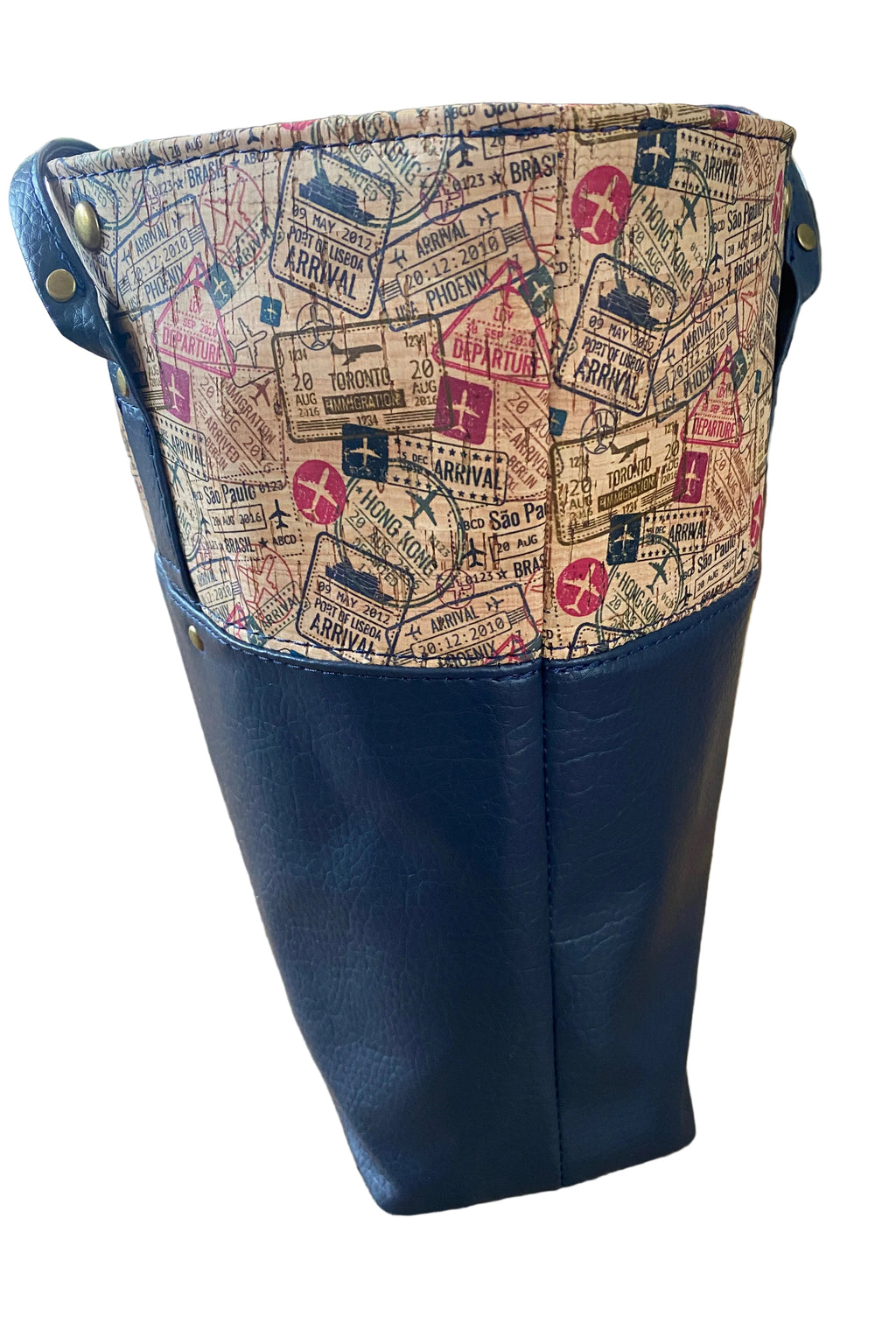 Cork & Faux Leather Travel Themed Tote 17w x 12h x 4.5d