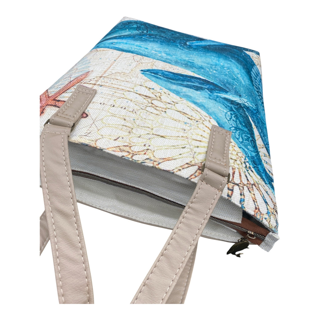 Whale Themed Canvas & Faux Leather Tote 15w x 14h x 5d