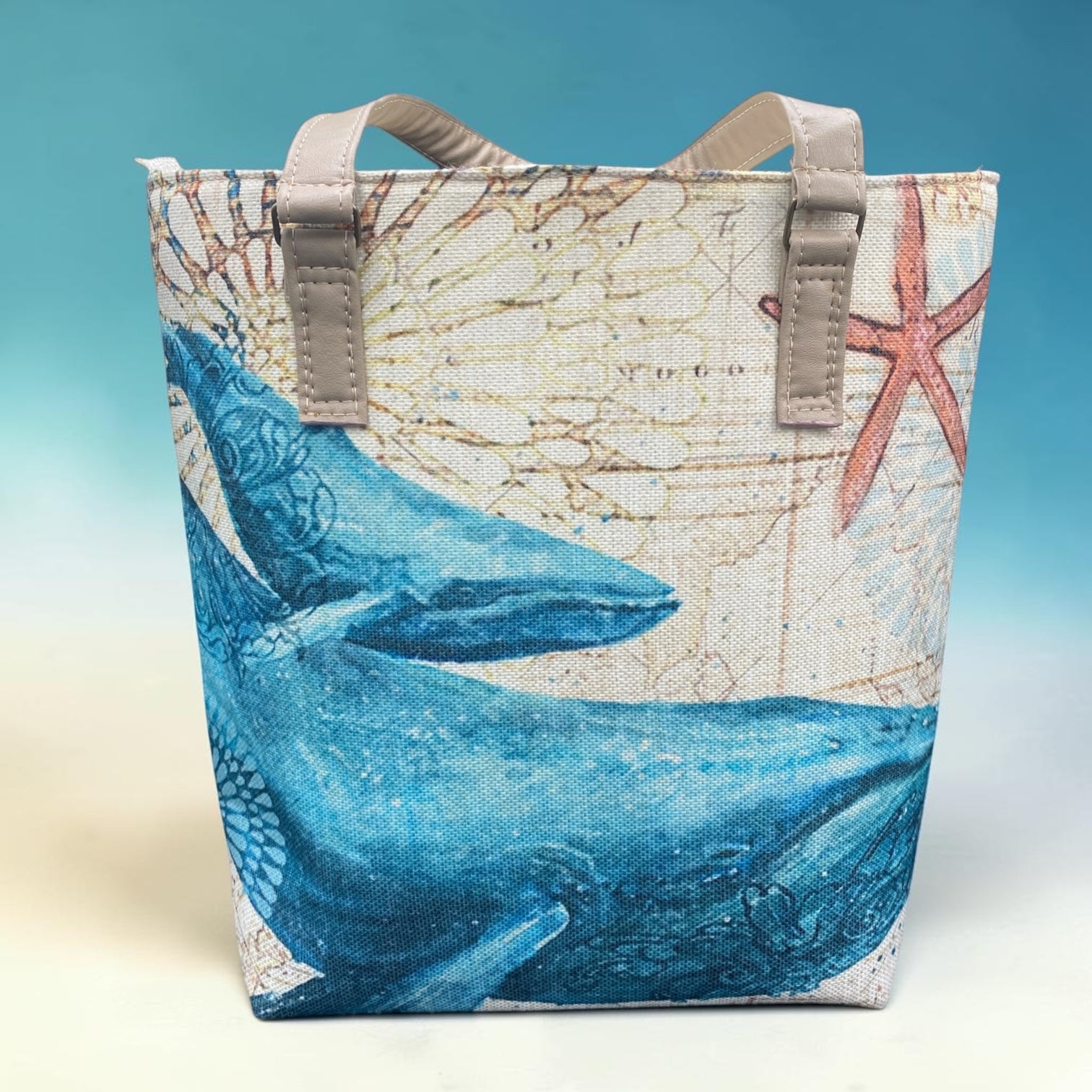 Whale Themed Canvas & Faux Leather Tote 15w x 14h x 5d