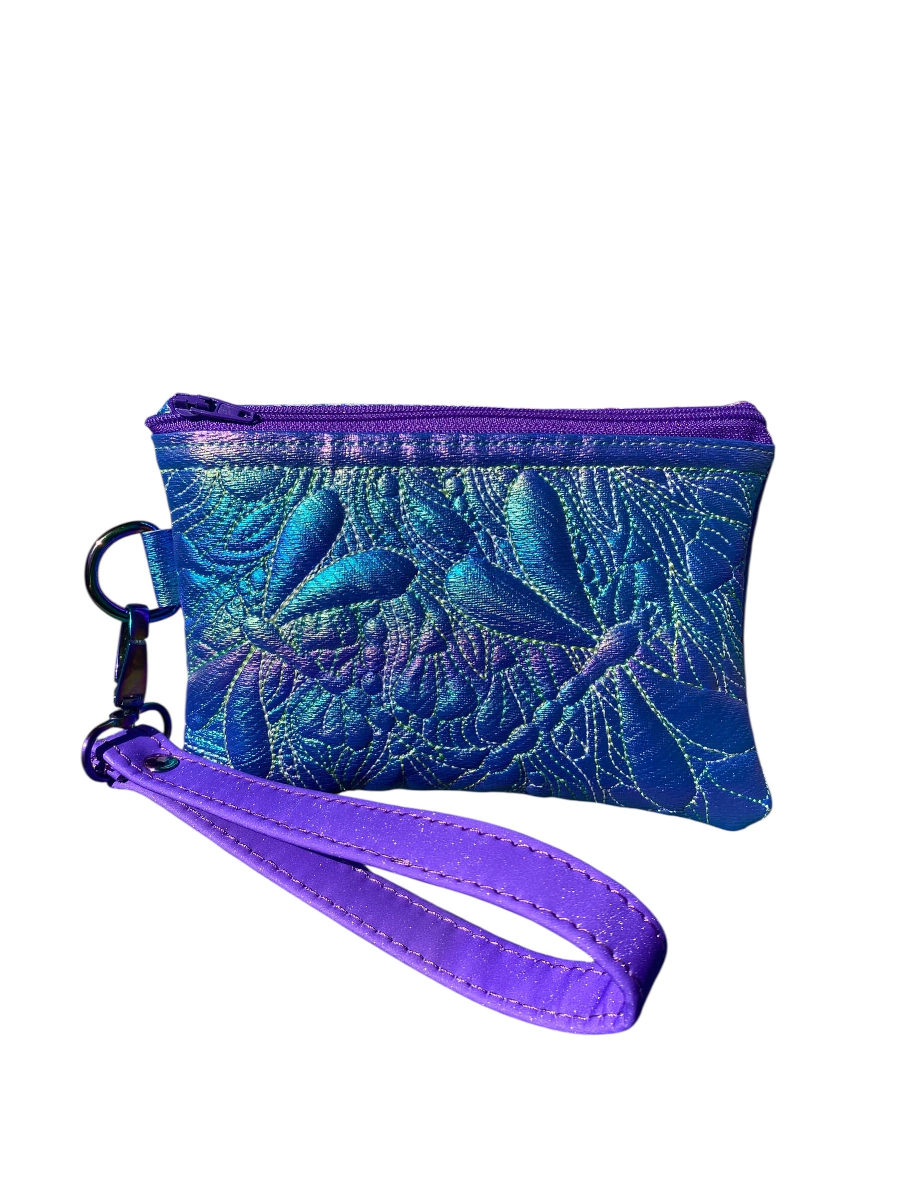 Embroidered Iridescent Vinyl Dragonfly Wristlet Pouch