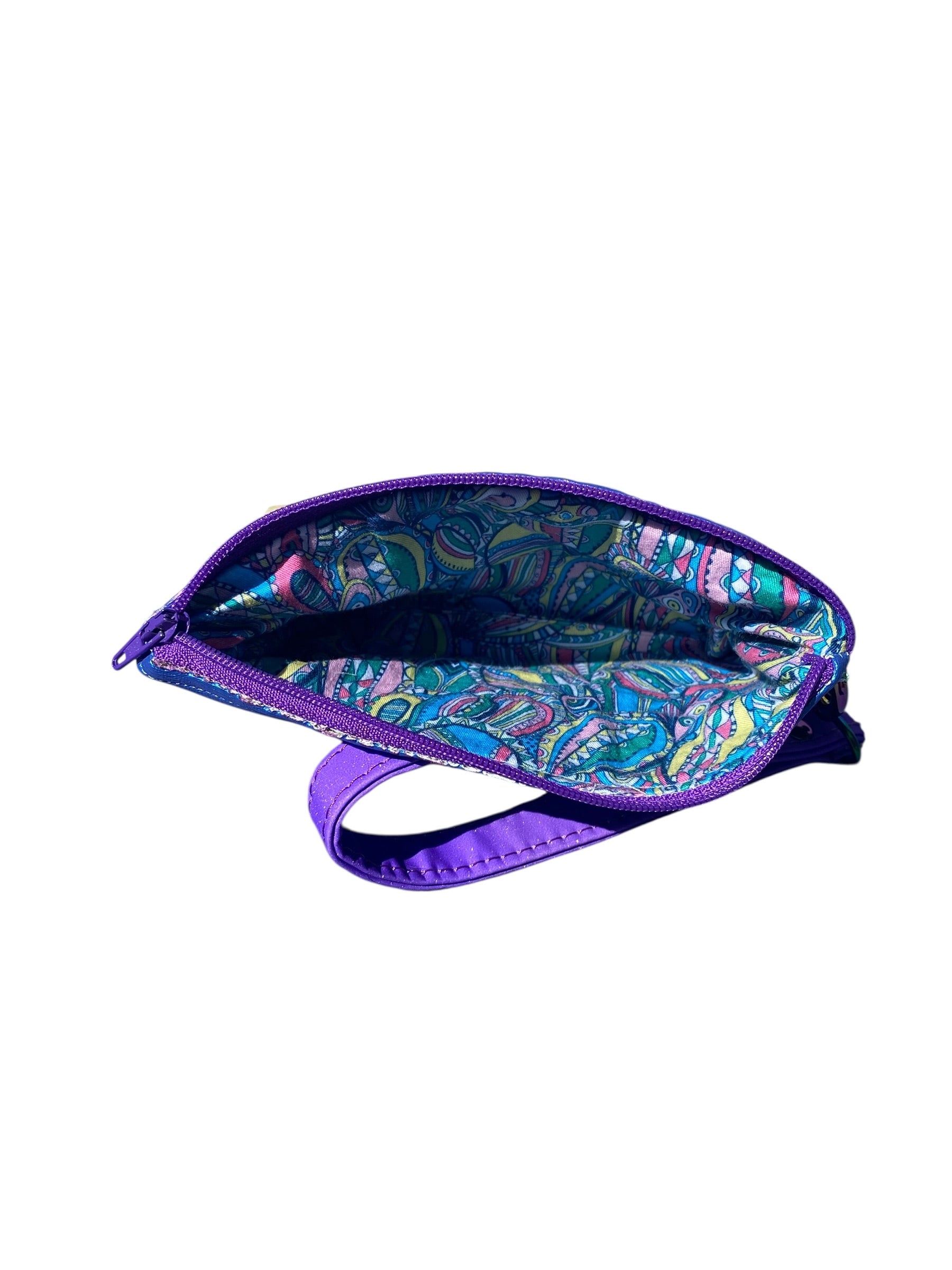 Embroidered Iridescent Vinyl Dragonfly Wristlet Pouch