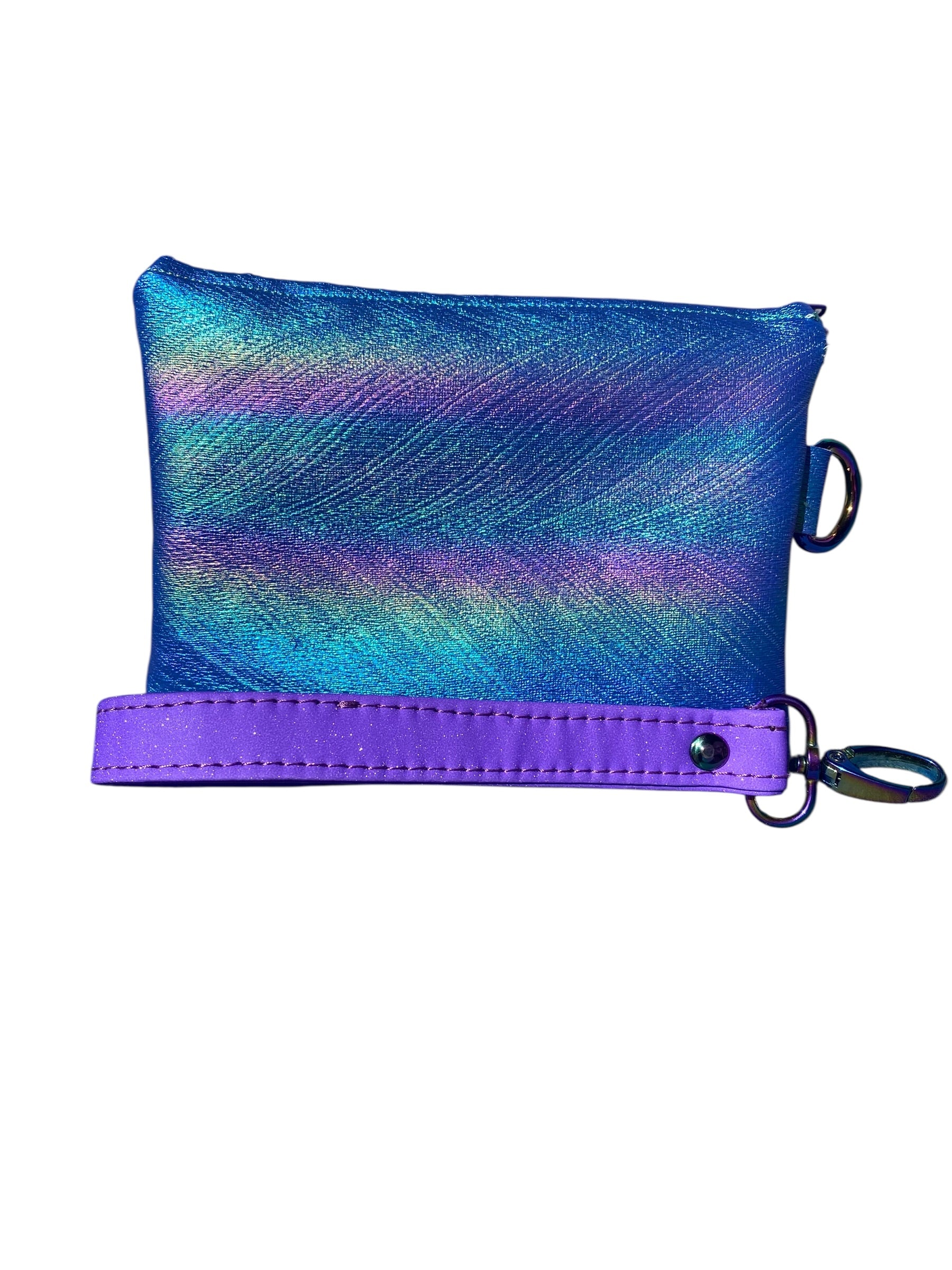 Embroidered Iridescent Vinyl Dragonfly Wristlet Pouch