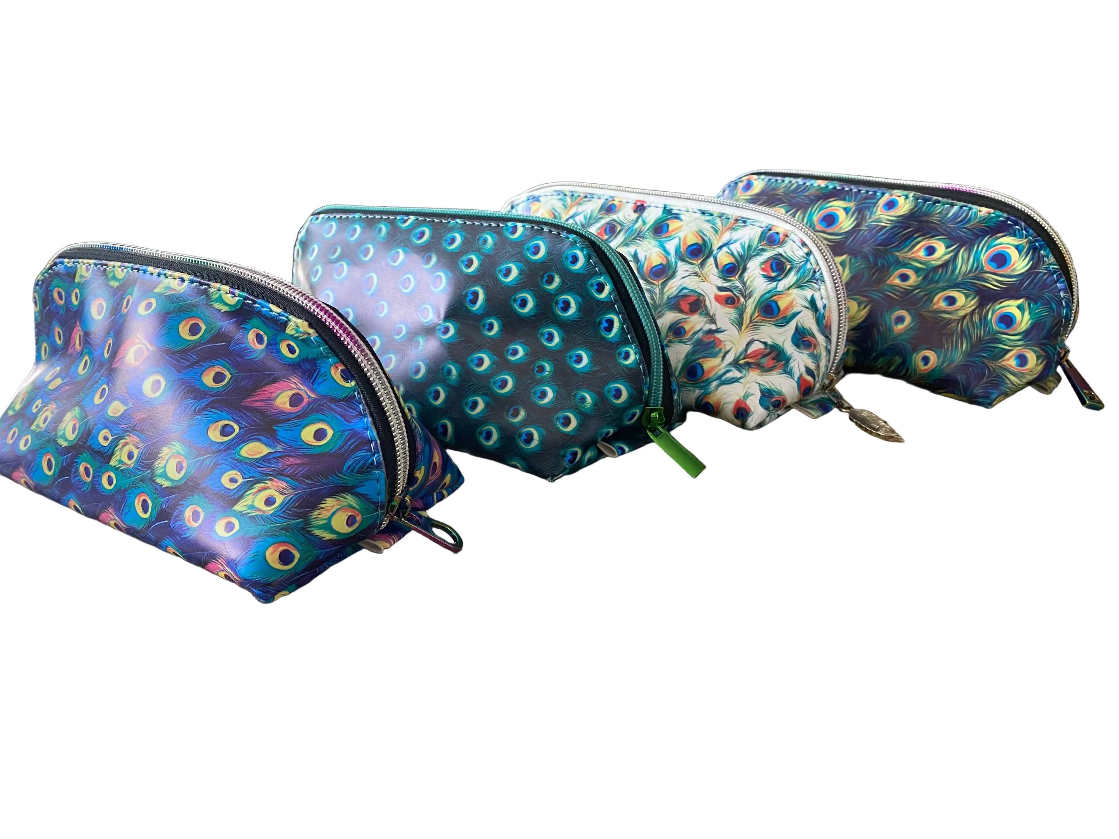Wide Opening Vinyl Peacock Feather Cosmetic Bags